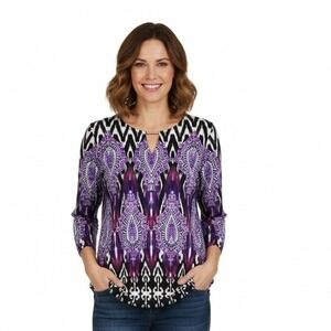 Traveler's by Chico's Purple Paisley Print 3/4 Sleeve Tunic Top Size 2 ML